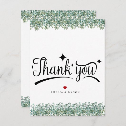 ユーカリグリーンのウェディング フラット サンクス カード (正面/裏面)