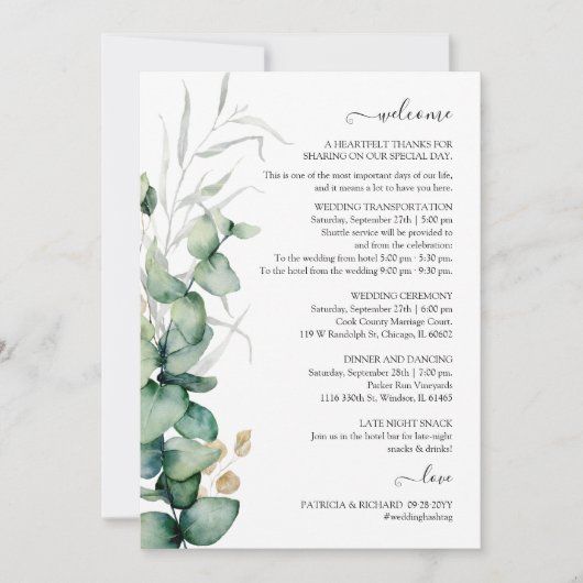 ユーカリグリーンウェディングの旅程と歓迎の手紙 招待状 (正面)