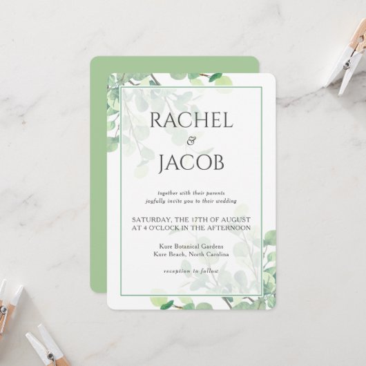 ユーカリグリーン背景の結婚式 招待状 (正面/裏面インサイチュ)