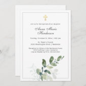 ユーカリグリーン ゴールドクロス 洗礼 招待状 (正面/裏面)