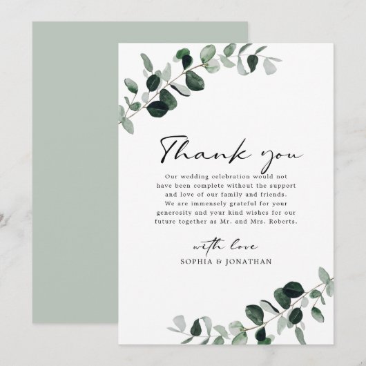 ユーカリグリーン モダンカリグラフィー ウェディング サンキューカード (正面/裏面)