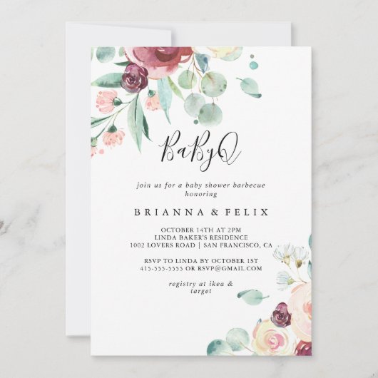 ユーカリコンテンポラリープタスベビーQベビシャワーバーベキュー 招待状 (正面)