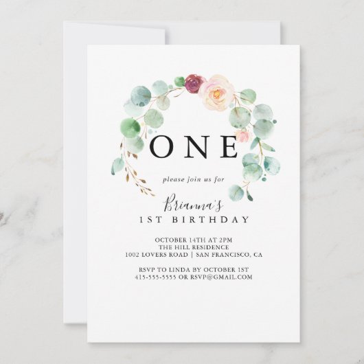 ユーカリコンテンポラリープトゥスファースト誕生日パーティー 招待状 (正面)