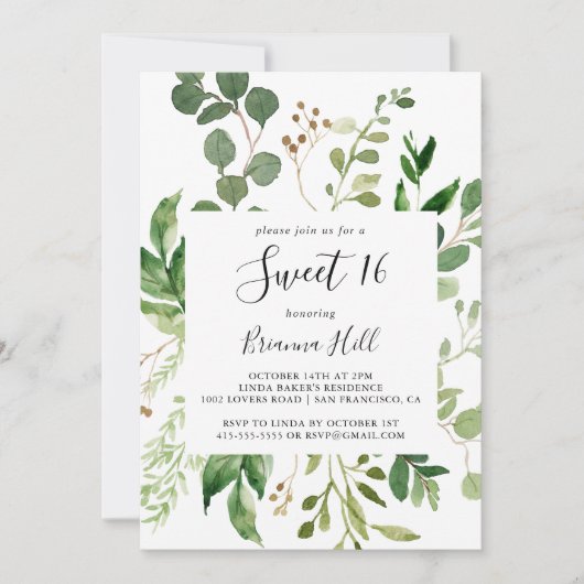 ユーカリシンプルフローラスウィート16バースデーパーティー 招待状 (正面)