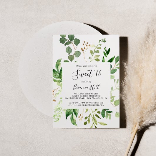 ユーカリシンプルフローラスウィート16バースデーパーティー 招待状