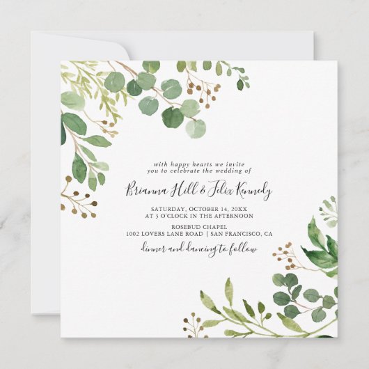 ユーカリシンプルブラウンフローラスクエア結婚ズ 招待状 (正面)