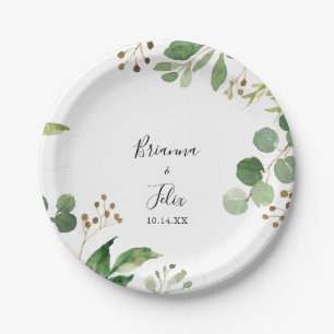 ユーカリシンプルブラウンフローラ結婚ズケーキ ペーパープレート