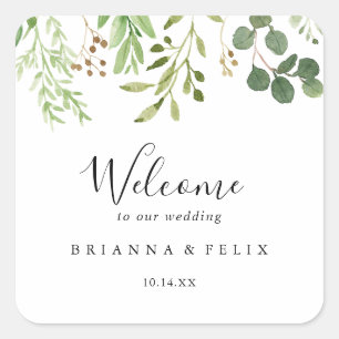 ユーカリシンプルブラウンフローラ結婚ズ・ウェルカム スクエアシール