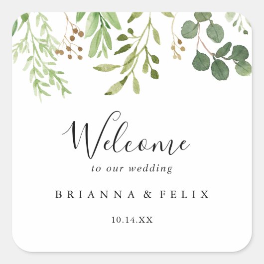 ユーカリシンプルブラウンフローラ結婚ズ・ウェルカム スクエアシール (正面)