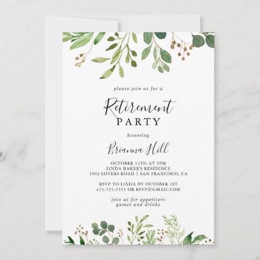 ユーカリシンプルブラウンフローラ退職パーティー 招待状 (正面)