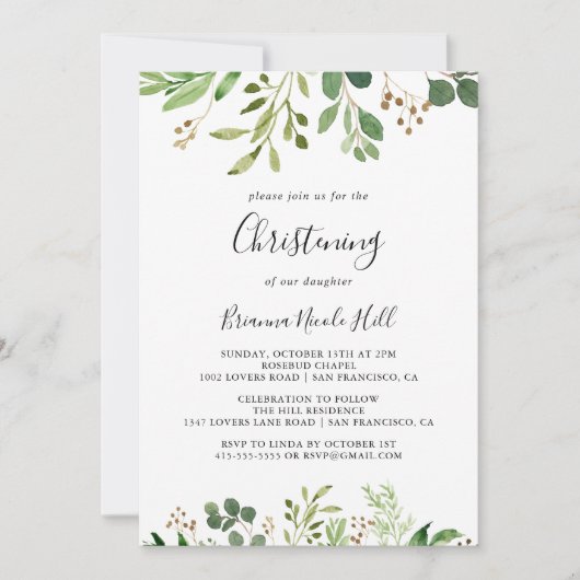 ユーカリシンプルブラウンフローラ《キリスト教》洗礼式や命名式 招待状 (正面)