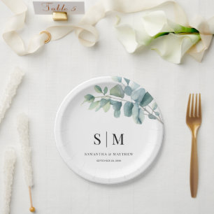 ユーカリシンプルーエレガントイニシャル結婚ズ ペーパープレート