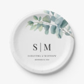 ユーカリシンプルーエレガントイニシャル結婚ズ ペーパープレート (正面)