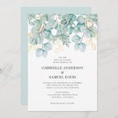 ユーカリティール（緑がかった色）と金ゴールドグリーンリーウェディング招待 (正面/裏面)