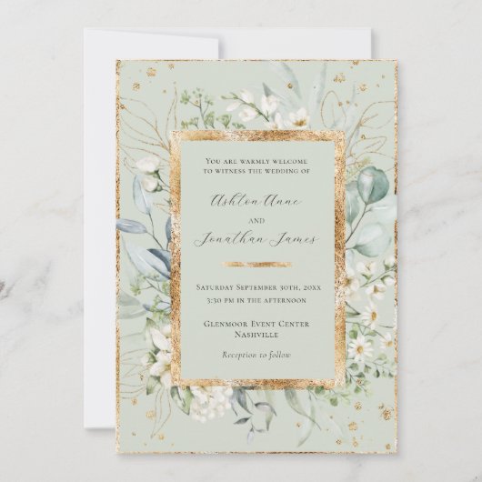 ユーカリデイジー金ゴールドセージ緑エレガントな結婚式 招待状 (正面)