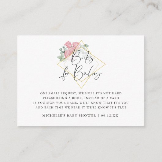 ユーカリバラ幾何学赤ちゃんシャワーブックリクエスト エンクロージャーカード (正面)