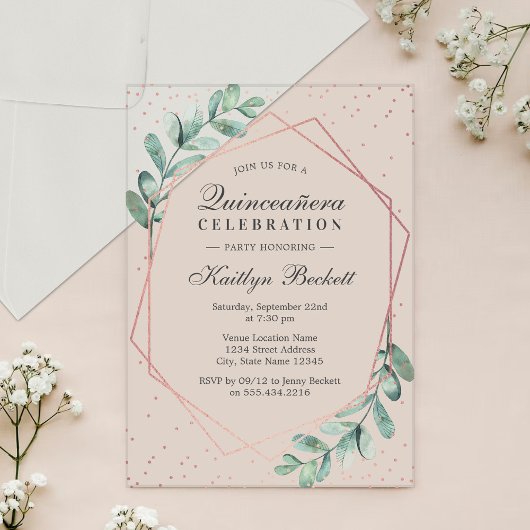 ユーカリバラ金ゴールドキンセアニラ15誕生日 アクリル招待状