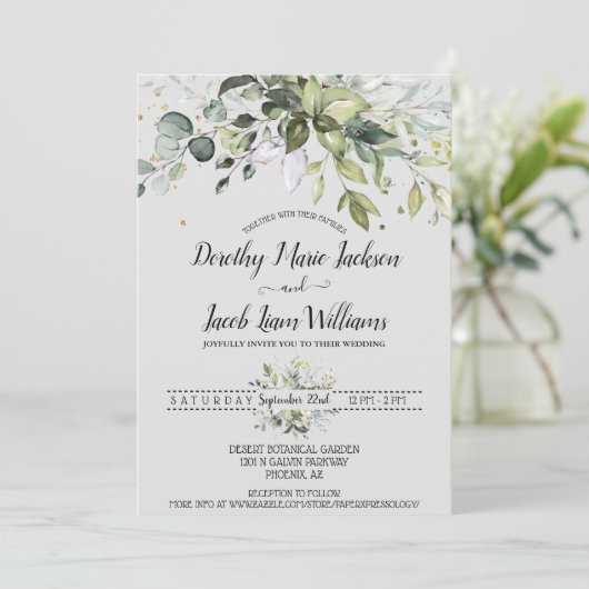 ユーカリパーソナライズされたカリの緑の結婚葉 招待状 (スタンド正面)