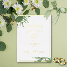 ユーカリフレームグリーンゴールドの葉Save the Date 箔招待状