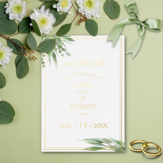 ユーカリフレームグリーンゴールドの葉Save the Date 箔招待状