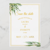 ユーカリフレームグリーンゴールドの葉Save the Date 箔招待状 (正面)