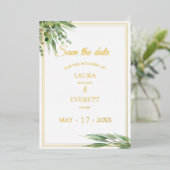 ユーカリフレームグリーンゴールドの葉Save the Date 箔招待状 (立ち正面)