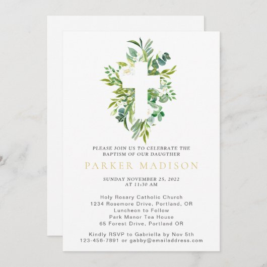 ユーカリフローラグリーンズウォーターカラークロスバプテスマ 招待状 (正面/裏面)