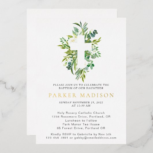 ユーカリフローラグリーンズクロスバプテスマ金ゴールド 箔招待状 (正面/裏面)