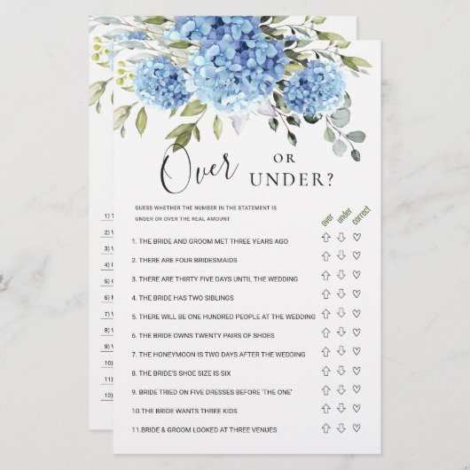 ユーカリフローラゲームの上または下ブライダルシャワー (正面/裏面)