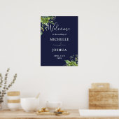 ユーカリフローラネイビー結婚ブルーの歓迎サイン ポスター (キッチン)