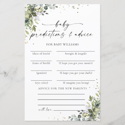 ユーカリフローラ赤ちゃんシャワー予測カード (正面)