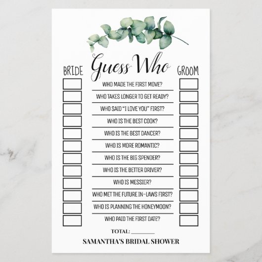 ユーカリブライダルシャワーゲームカード チラシ (正面)