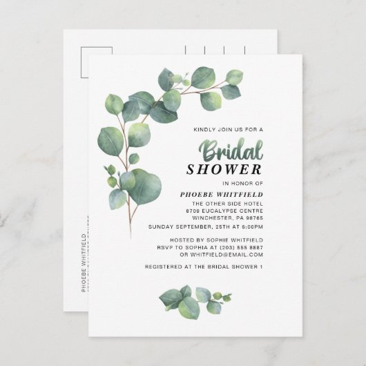ユーカリブライダルシャワー緑色多肉植物 インビテーションポストカード (正面/裏面)