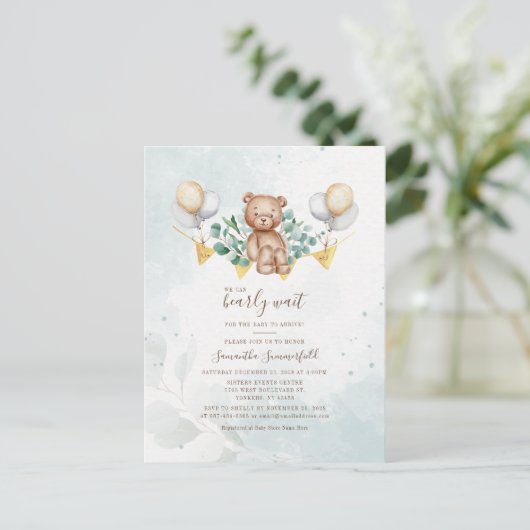 ユーカリプスグリーナリーウォーター色赤面ベビーシャワー インビテーションポストカード (スタンド正面)