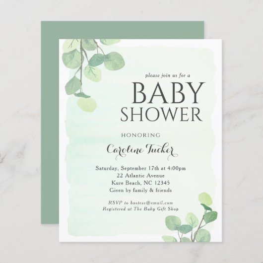 ユーカリプスグリーナリーバジェットベビーシャワー招待状 (正面/裏面)