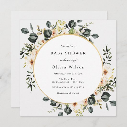 ユーカリプスグリーンとアイボリーフローラベビーシャワー 招待状 (正面/裏面)