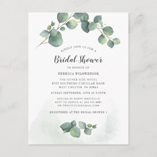 ユーカリプスグリーンリーウォーターカラーブライダルシャワー インビテーションポストカード (正面)