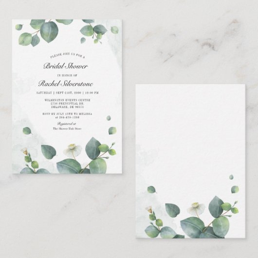 ユーカリプスグリーンリーウォーターカラーブライダルシャワー ノートカード (正面/裏面)