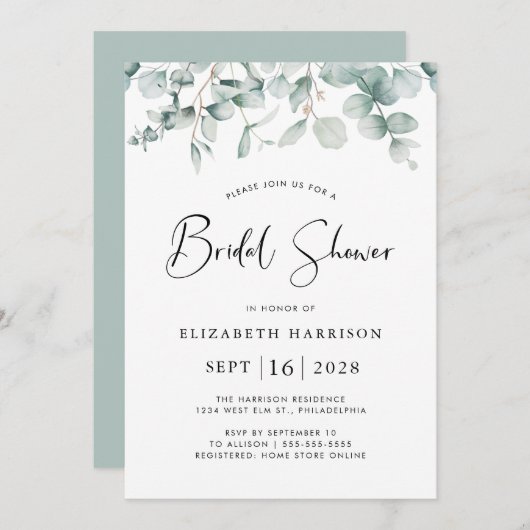 ユーカリプスグリーンリーウォーターカラーブライダルシャワー 招待状 (正面/裏面)