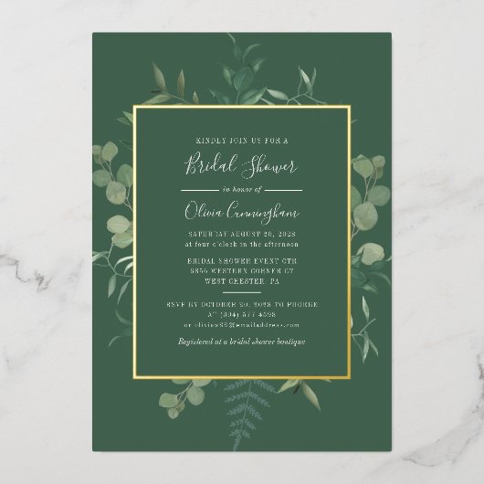 ユーカリプスグリーンリーウォーターカラーブライダルシャワー 箔招待状 (正面)