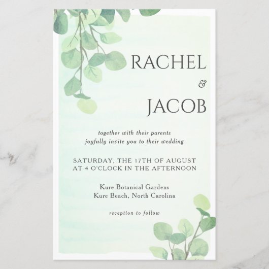 ユーカリプスグリーンリーウォーターカラー結婚式招待状 (正面)