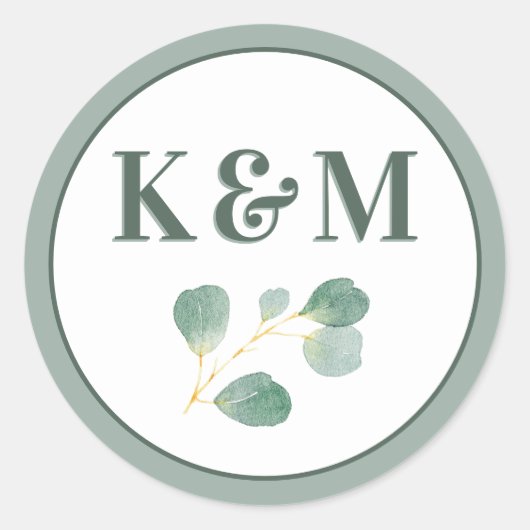 ユーカリプスグリーンリーエレガントなウェディングモノグラム ラウンドシール (正面)