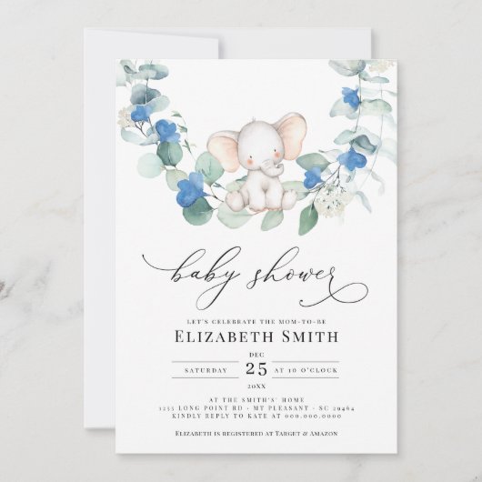 ユーカリプスグリーンリーエレファントブルー男の赤ちゃんシャワー 招待状 (正面)