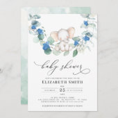 ユーカリプスグリーンリーエレファントブルー男の赤ちゃんシャワー 招待状 (正面/裏面)