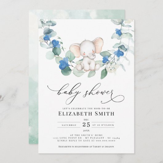 ユーカリプスグリーンリーエレファントブルー男の赤ちゃんシャワー 招待状 (正面/裏面)