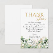 ユーカリプスグリーンリーグリーンリーフ&金ゴールドベビーシャワー サンキューカード (正面/裏面)
