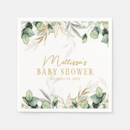 ユーカリプスグリーンリーグリーンリーフ&金ゴールドベビーシャワー スタンダードカクテルナプキン