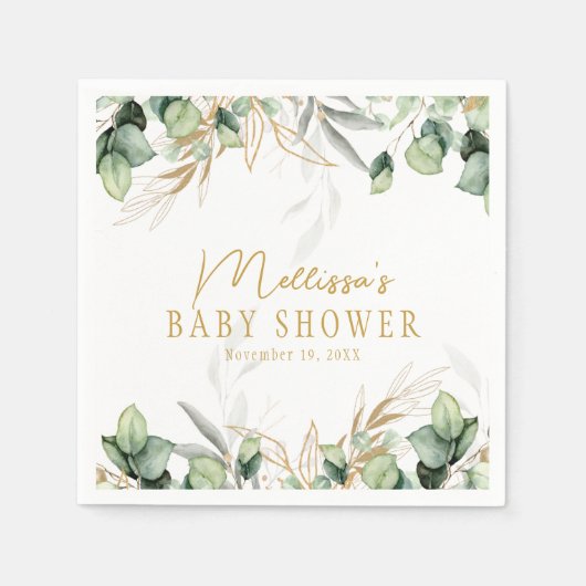ユーカリプスグリーンリーグリーンリーフ&金ゴールドベビーシャワー スタンダードカクテルナプキン (正面)