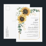 ユーカリプスグリーンリーサンフラワー40th誕生日パーティー インビテーションポストカード<br><div class="desc">私たちのフローラと緑の幾何学的なテンプレートを使用して誕生日の招待の1つを作成する金ゴールド箔の幾何学的なフレームとユーカリクリックスを特徴とする"パーソナライズ"ボタン</div>