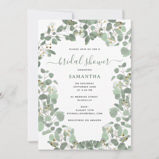 ユーカリプスグリーンリーシルバードルブライダルシャワー 招待状 (正面)